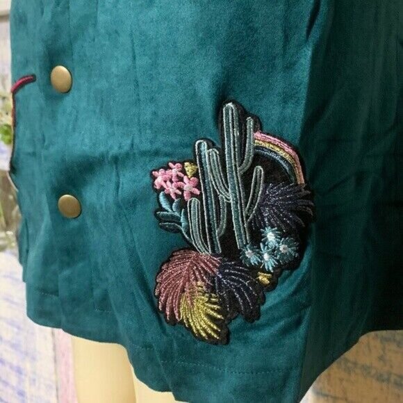 Embroidered Applique Trim Suede A Line Teal Summer Women Skirt BOUTIQUE ALLYSON - Picture 4 of 7